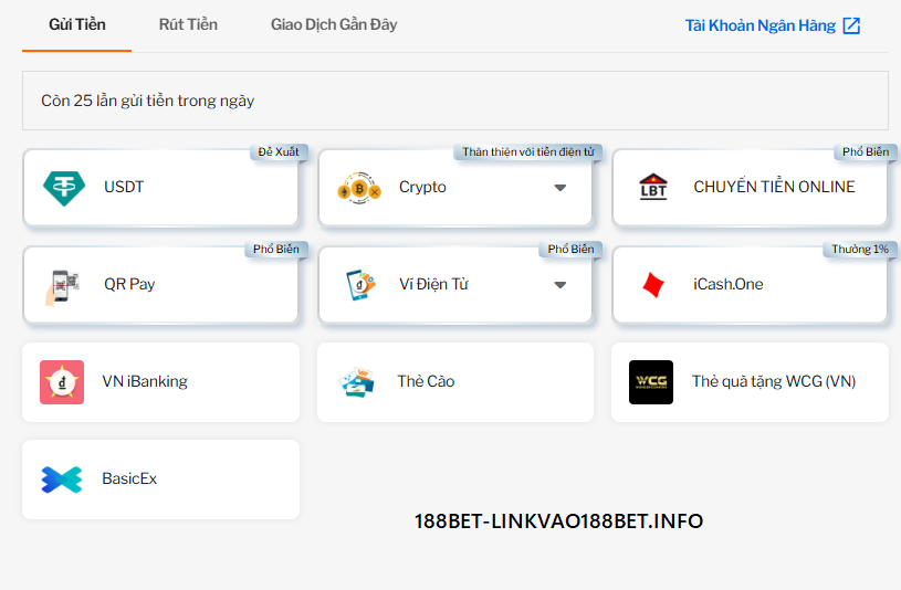 Phương thức nạp tiền 188bet