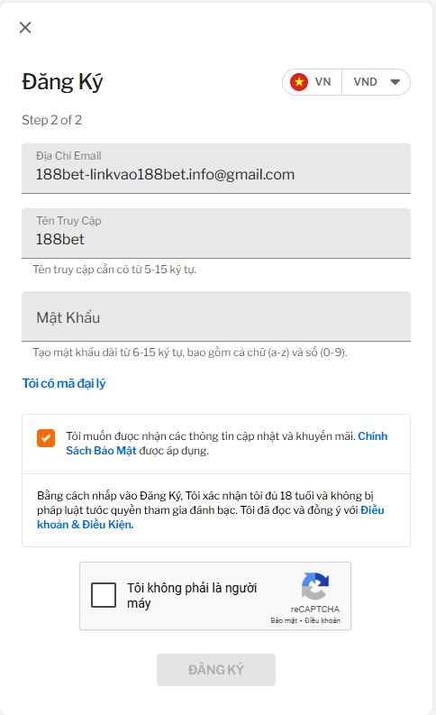 Thông tin đăng ký 188bet trên website